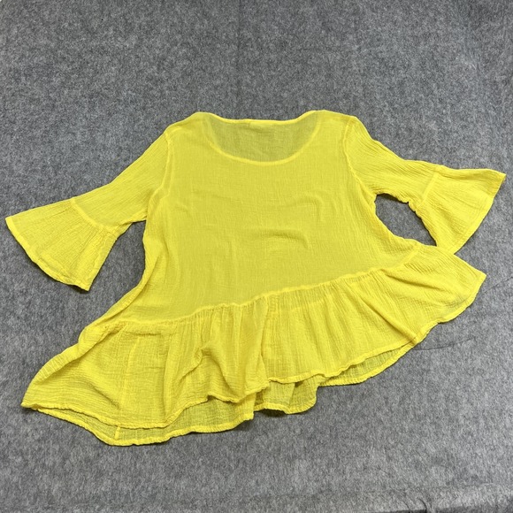Bryn Walker Top Womens M Yellow Ruffle Hem Flared Sleeve Guaze Blouse Lagenlook - Picture 12 of 16